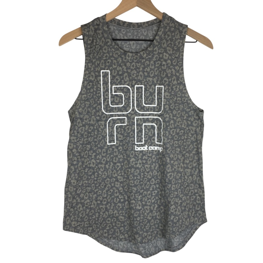 BURN BOOT CAMP Tank Top Sleeveless T Shirt Leopard Animal Print Hi Lo Workout